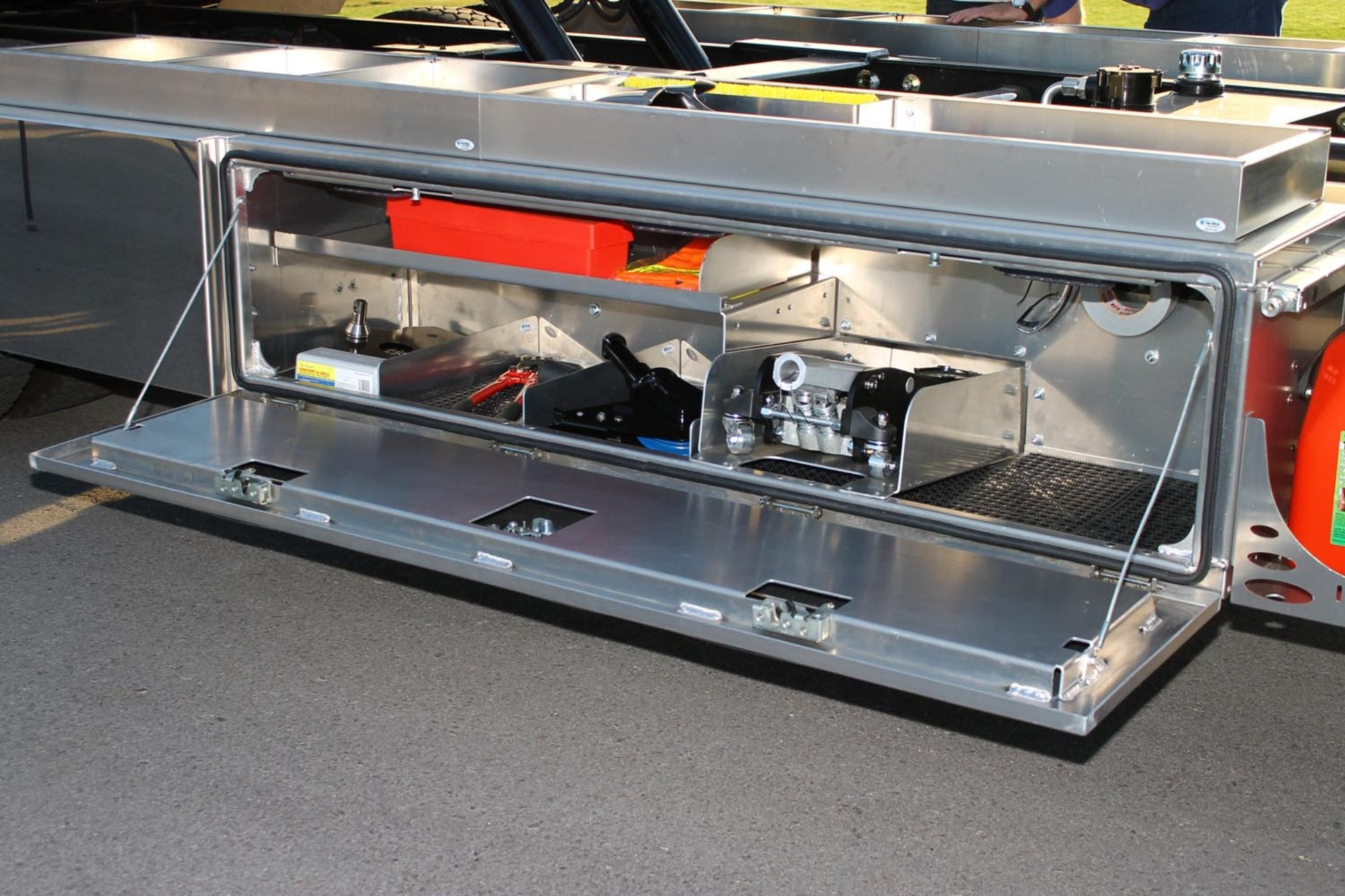 in the ditch pro series toolbox with toolbox accessories - jack bracket, dividers, universal mount, cone holder, etc.