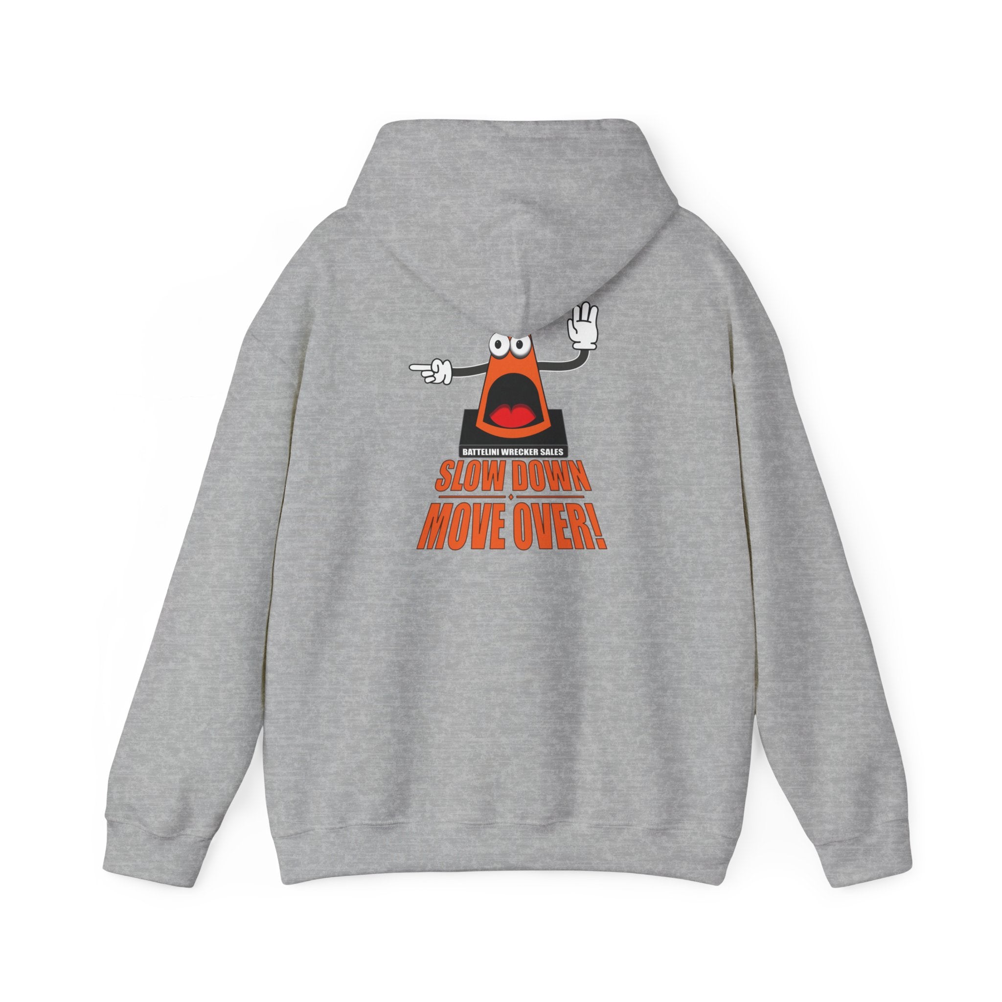 Sport gray SDMO Towing Hoodie with cartoon cone and safety slogan on back, unisex heavy blend ideal for towing professionals.