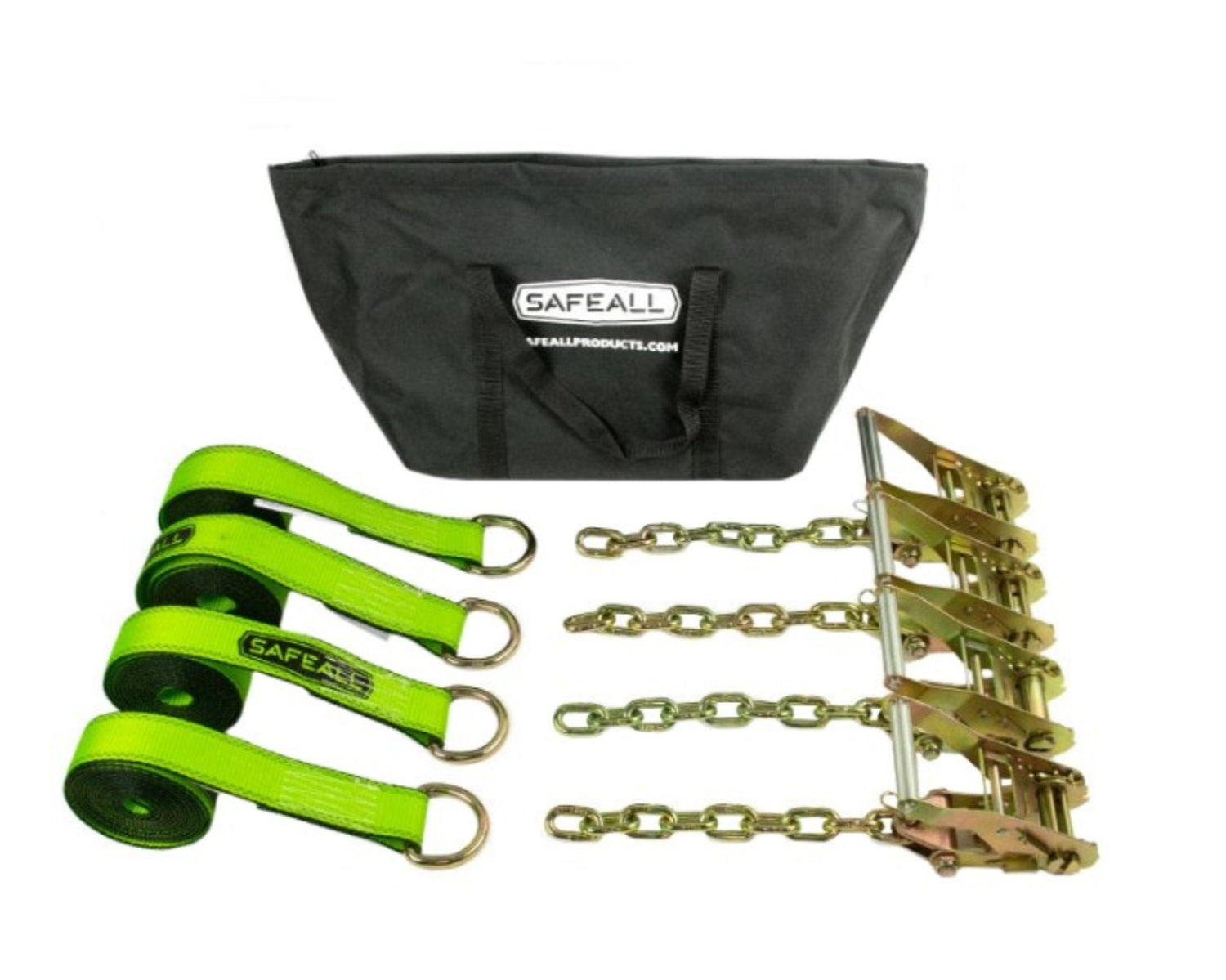 A set of SafeAll 4 Point Soft Tie-Downs with D-Rings, featuring four durable black straps with metal D-ring connectors, neatly coiled and arranged against a white background, designed for secure vehicle recovery and load securement in towing applications.