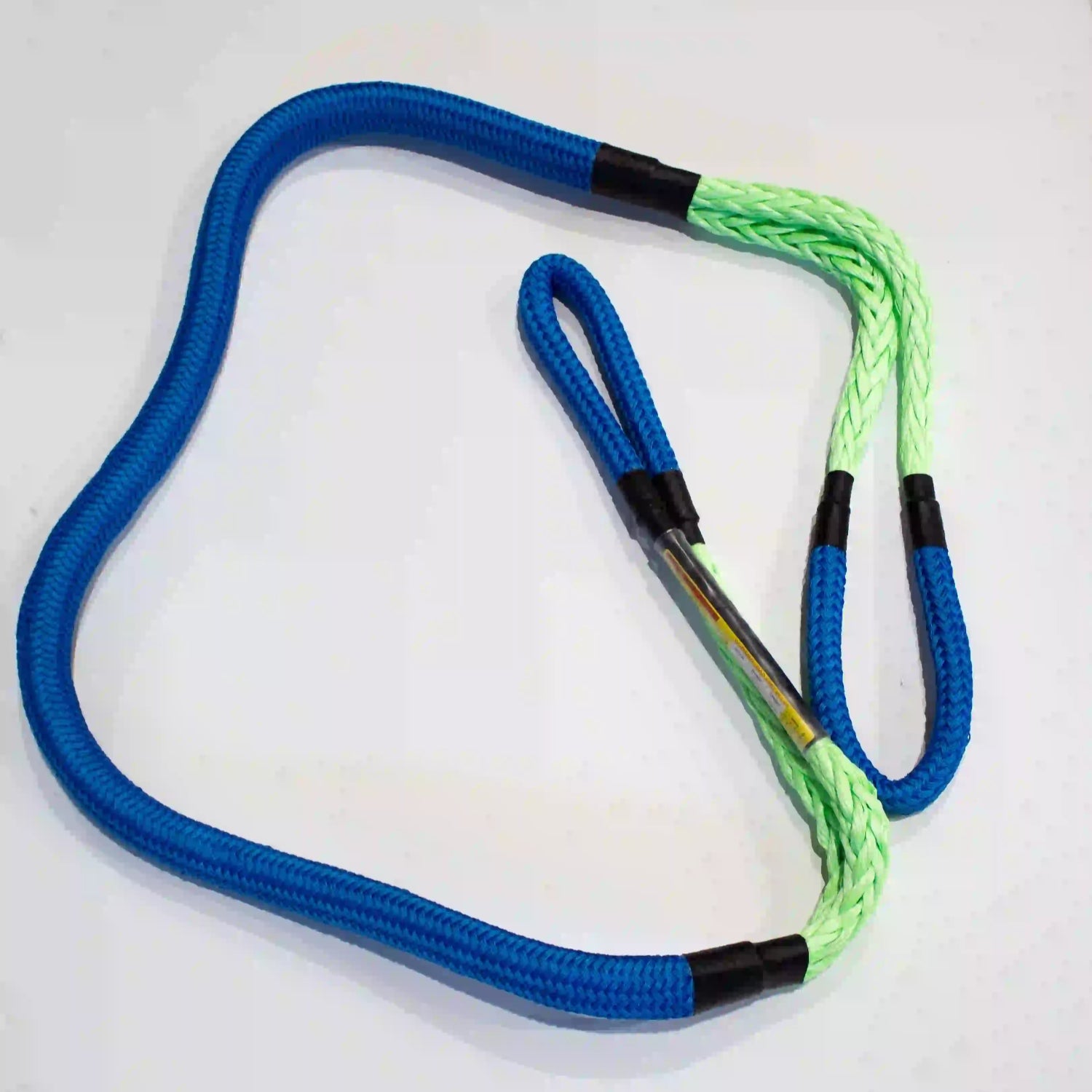 Heavy duty synthetic sling tow strap with durable blue and green fibers for secure rigging and recovery.