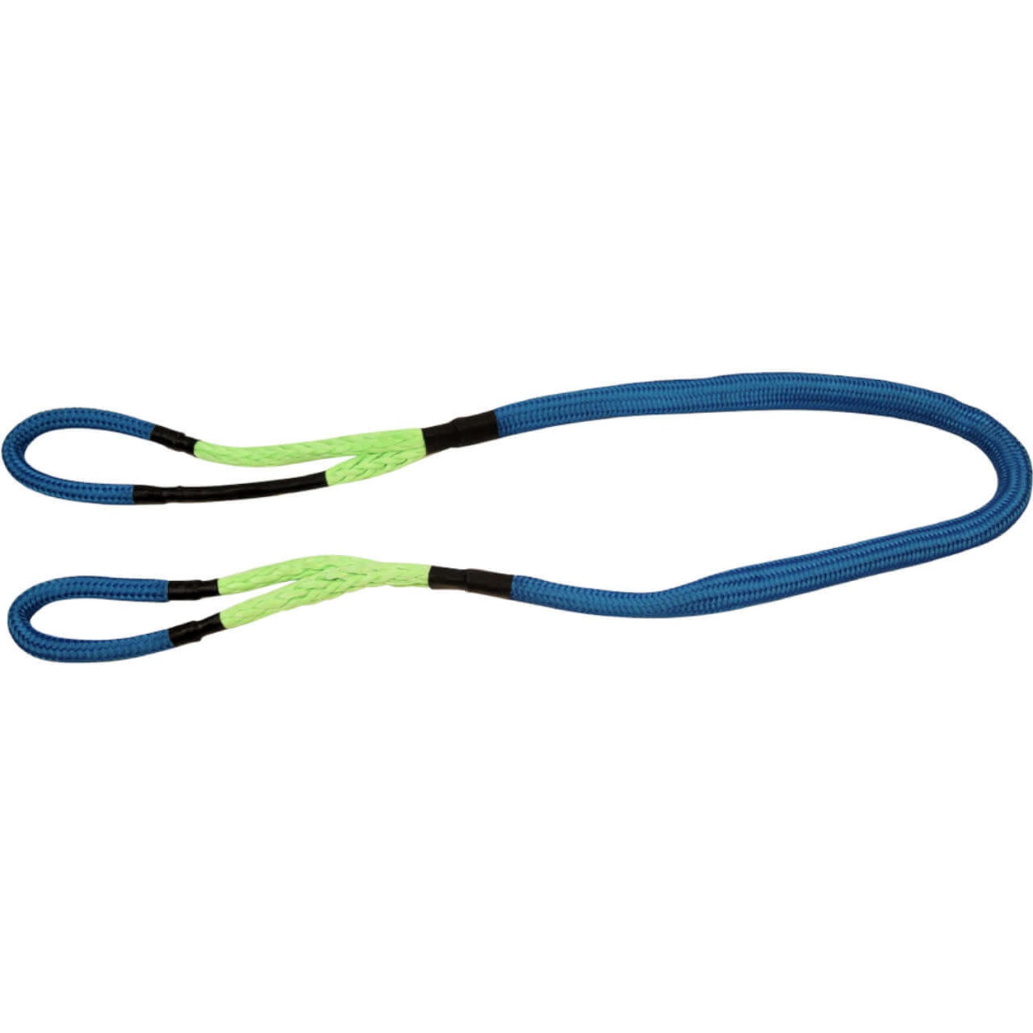 Heavy duty synthetic sling tow strap with durable blue and green fibers for secure rigging and recovery.