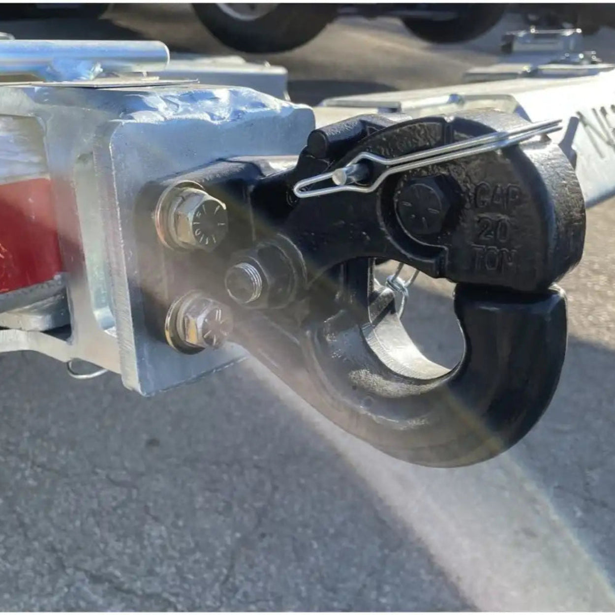 BUYERS PRODUCTS 10 ton pintle hook bolted to pintle hook adapter that's on the tow bar of a carrier