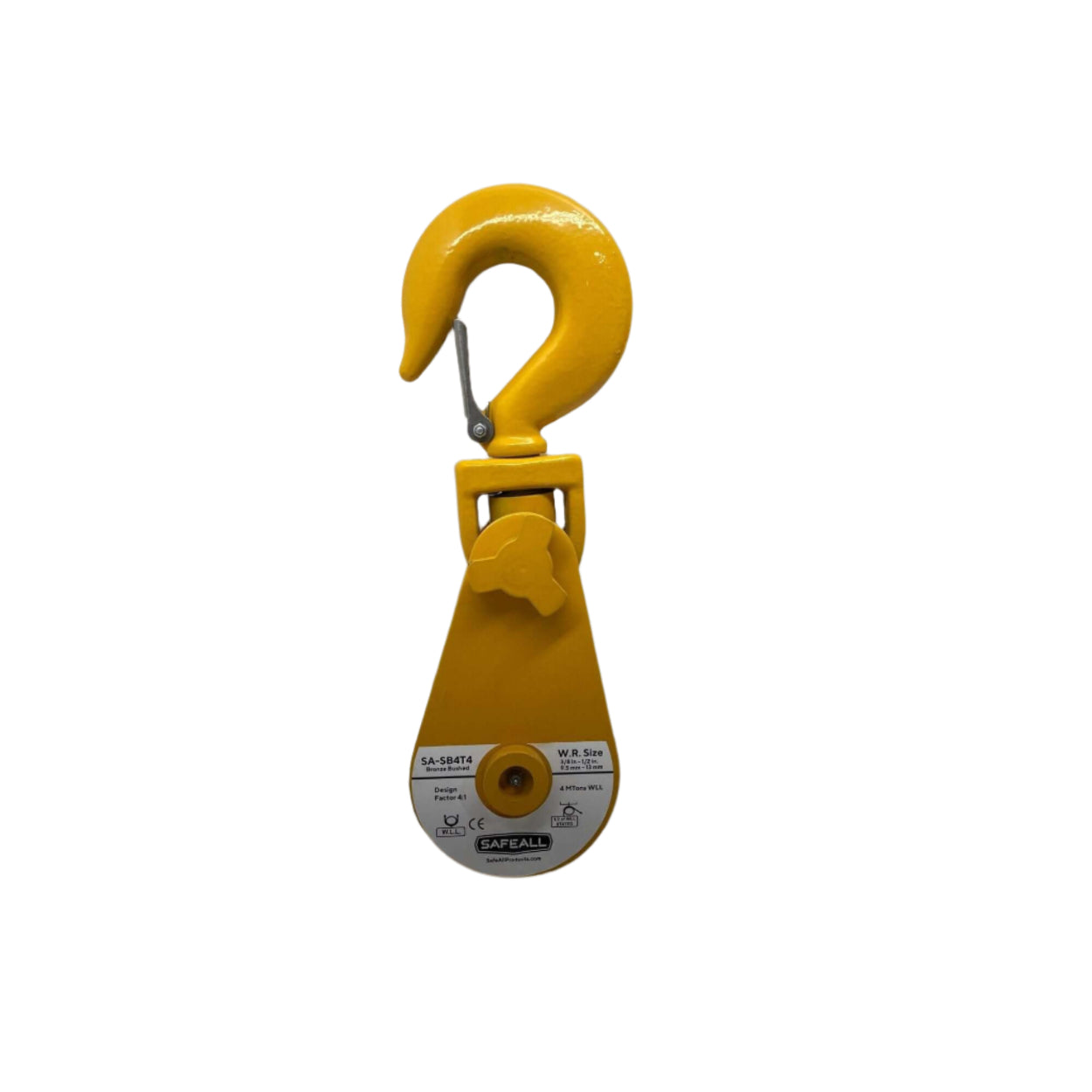 yellow SafeAll snatch block used for towing, rigging and recovery jobs