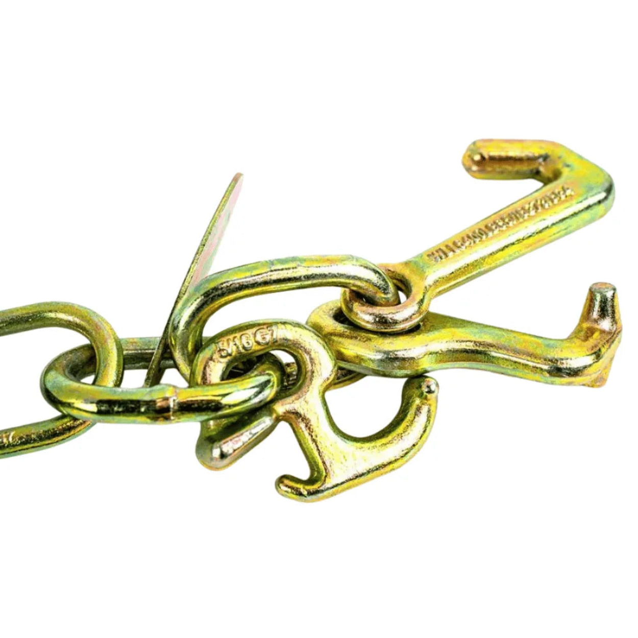 close up of the ends of the SafeAll v-strap with mini J, R, T cluster. durable v-strap bridal for towing