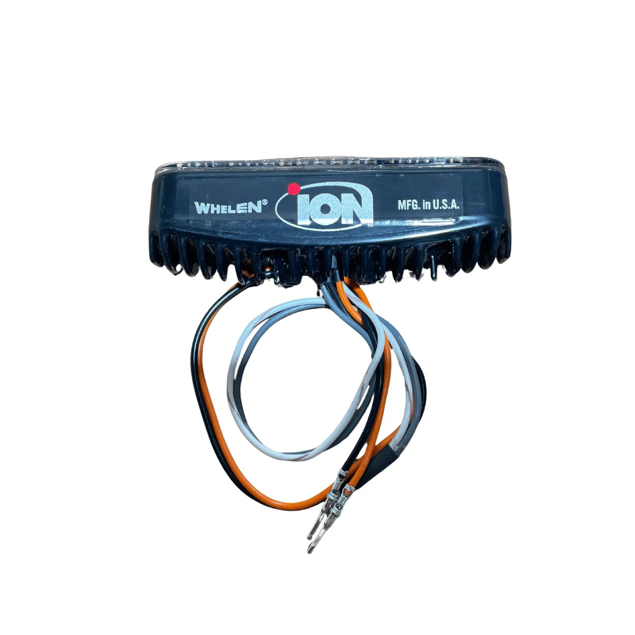 Whelen ION series LED lighthead with wiring on a white background. Made in the USA