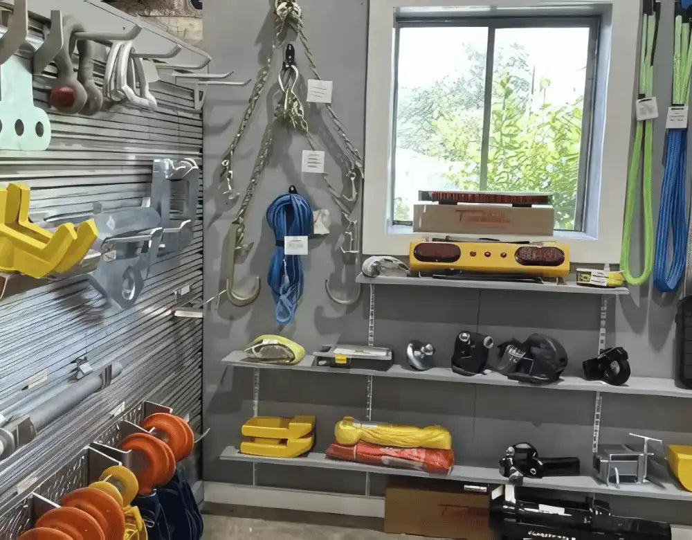 a wall filled with quality towing and rigging equipment from top vendors in the industry
