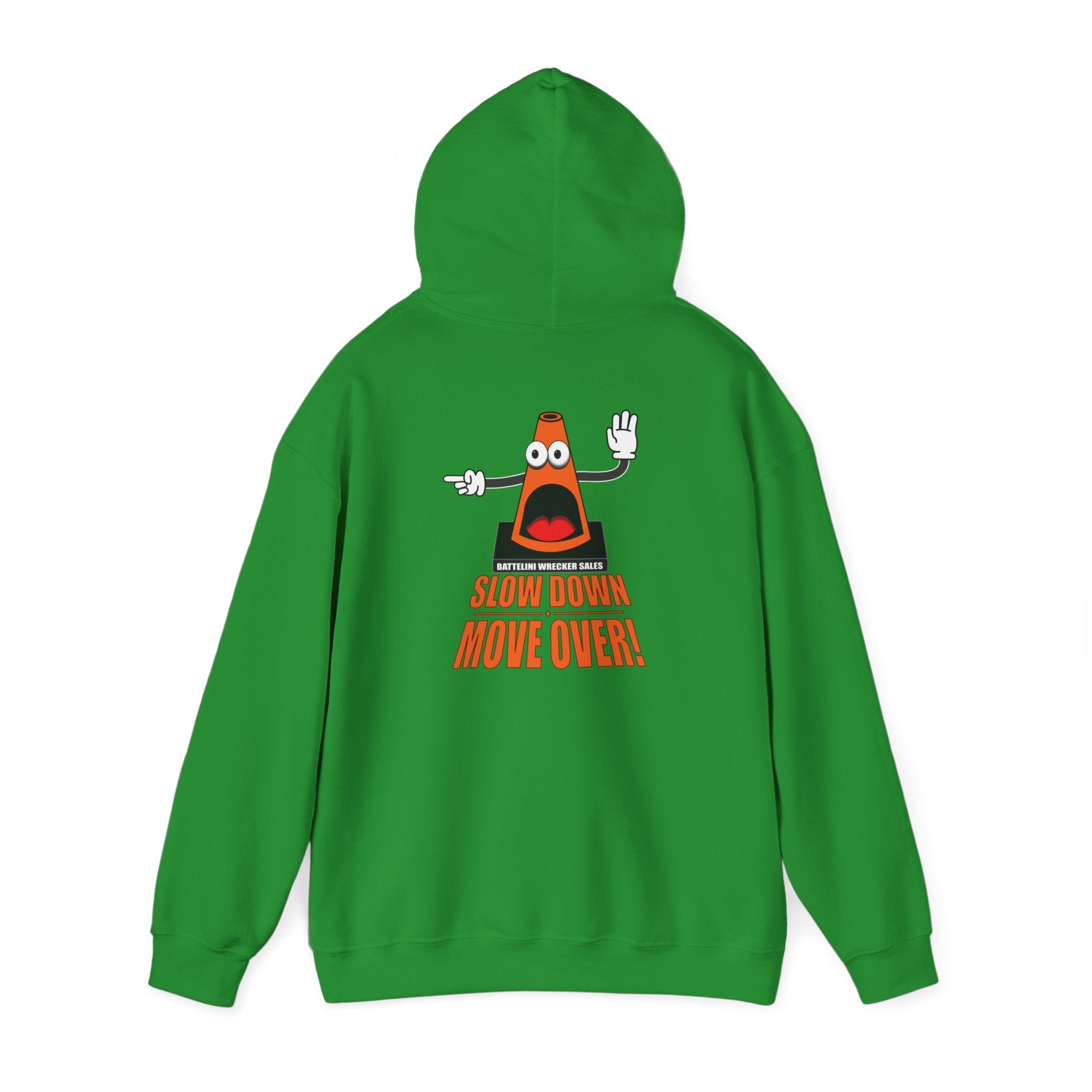 Back view of green SDMO Towing Hoodie with 'Slow Down Move Over' design, unisex heavy blend sweatshirt for cold weather comfort.