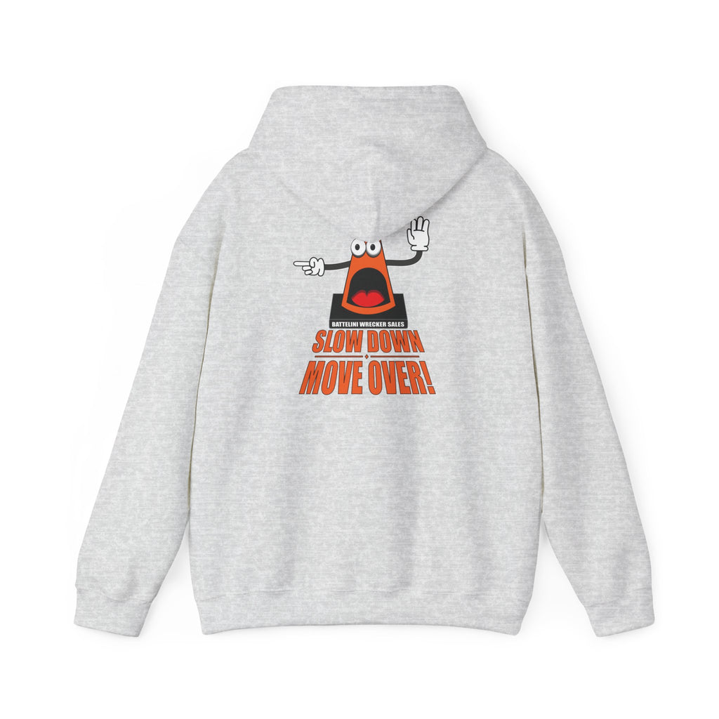 Light gray SDMO Towing Hoodie with bold safety message and cartoon cone graphic on back, unisex heavy blend for everyday wear.