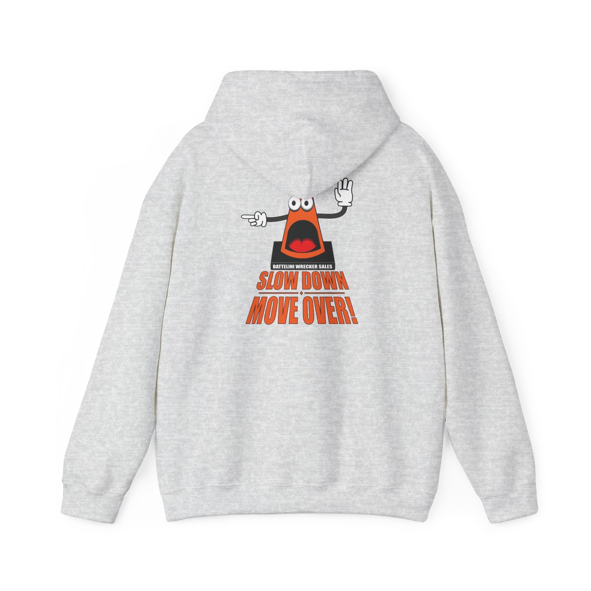 Light gray SDMO Towing Hoodie with bold safety message and cartoon cone graphic on back, unisex heavy blend for everyday wear.