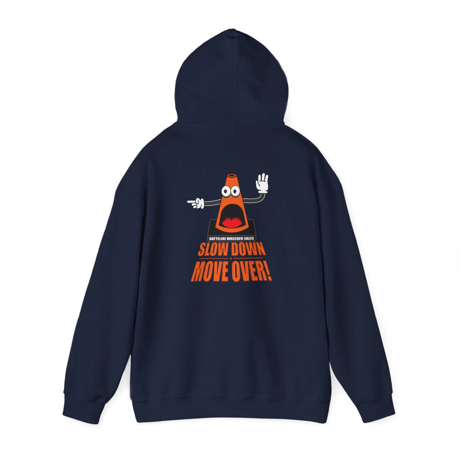 Back of navy SDMO Towing Hoodie featuring bold safety message and cartoon cone, unisex heavy blend for men and women.