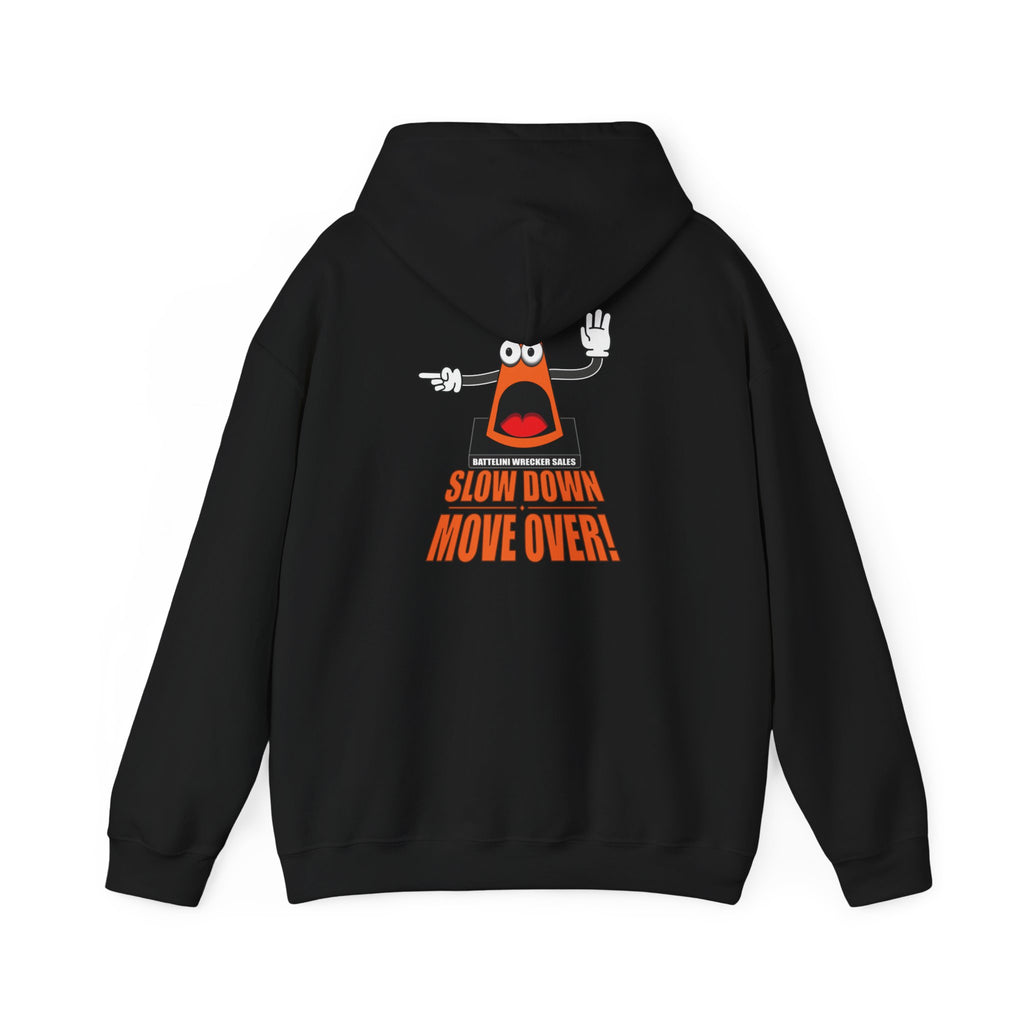 Black SDMO Towing Hoodie featuring cartoon cone and 'Slow Down Move Over' message on back, unisex heavy blend for cold weather.