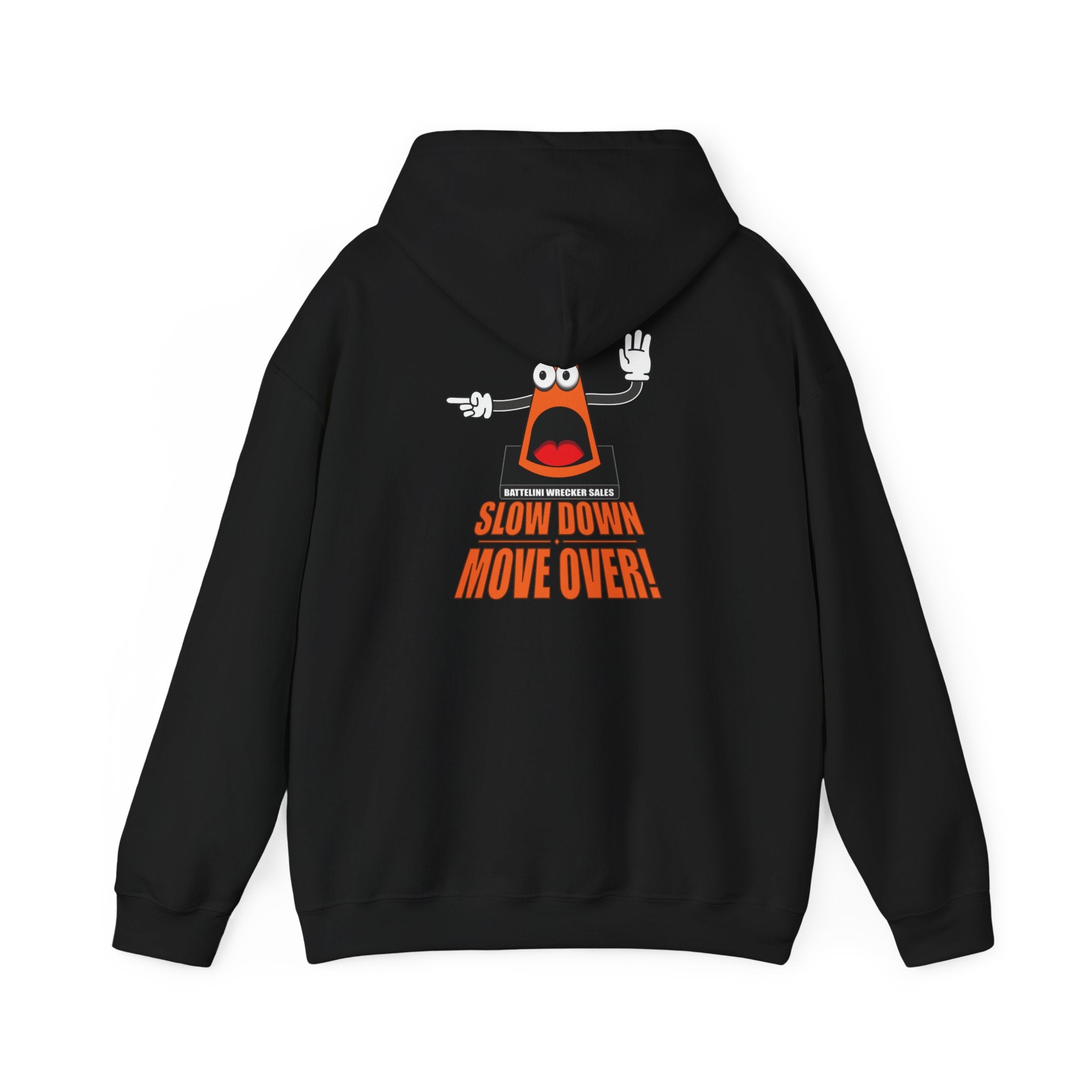 Black SDMO Towing Hoodie featuring cartoon cone and 'Slow Down Move Over' message on back, unisex heavy blend for cold weather.