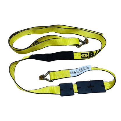 Durable tie down strap featuring double J hooks, tire grippers, and a reinforced sleeve for reliable cargo securing and vehicle towing