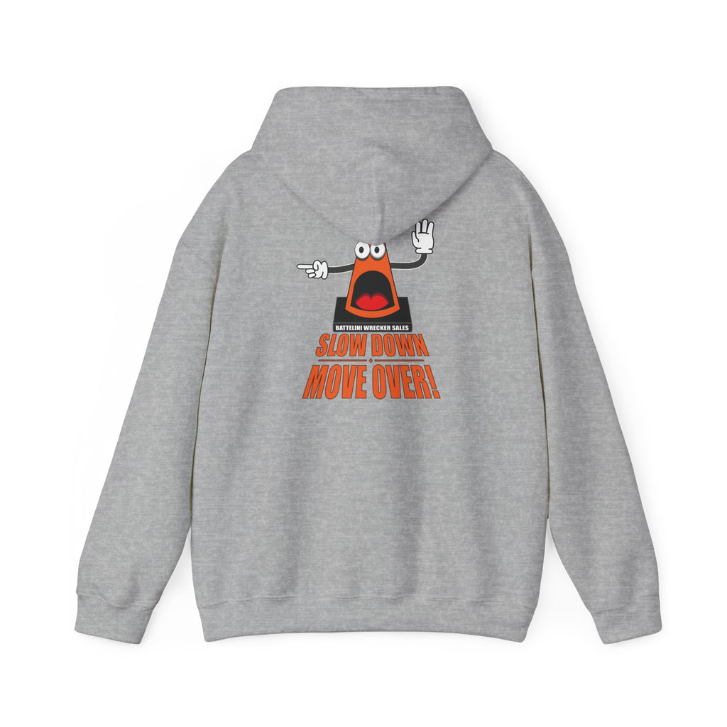 Sport gray SDMO Towing Hoodie with cartoon cone and safety slogan on back, unisex heavy blend ideal for towing professionals.