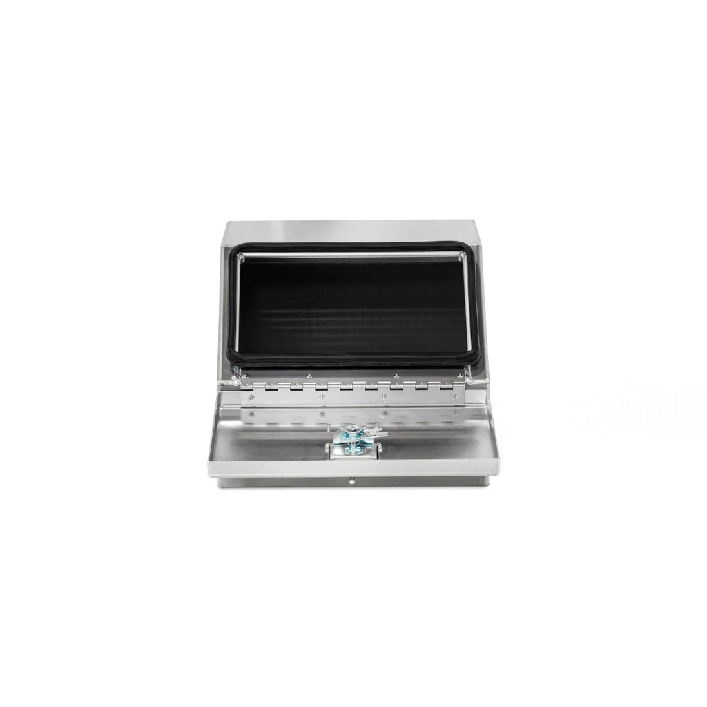 iconic metal gear 22" smooth aluminum boot box for headache racks installed on semi-trucks