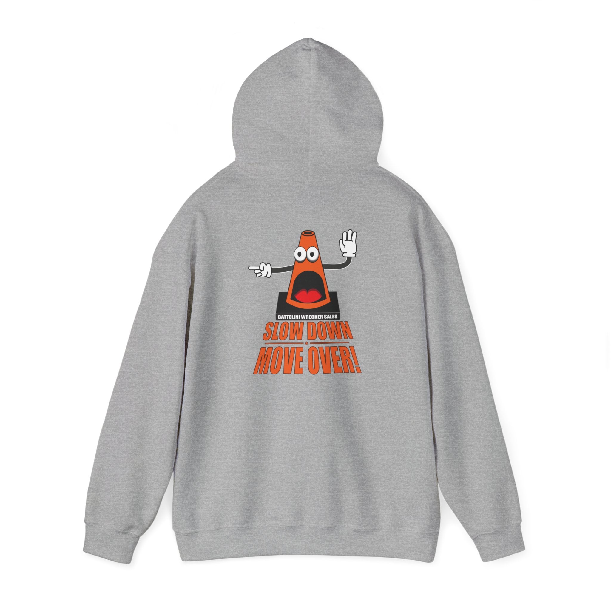 Back of sport gray SDMO Towing Hoodie with bold orange 'Slow Down Move Over' print, unisex heavy blend for men and women.