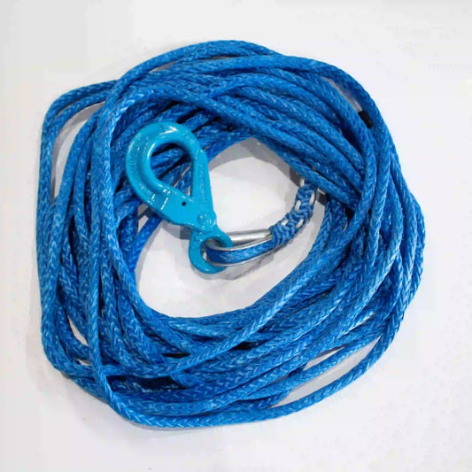 3/8" x 75' synthetic winch line made for rigging and recovery jobs. Highlights the braided pattern of Dynema fibers that makes up the rope. 