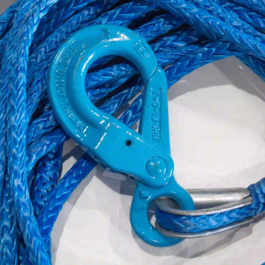 a close up of the self locking hook on a 3/8" x 75' synthetic winch line. Highlights the braided pattern of Dynema fibers that makes up the rope. 