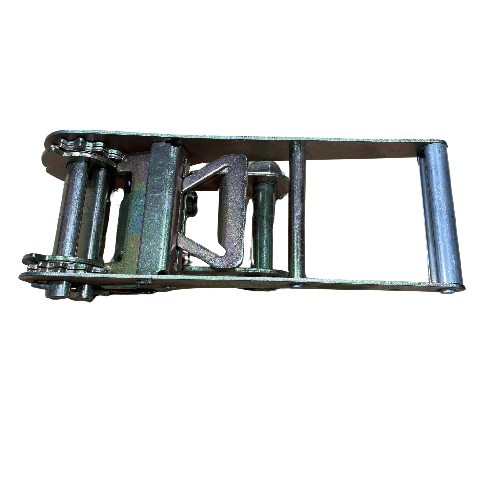 3" long handle ratchet buckle for cargo control and tie downs in flatbed trucking and towing applications.