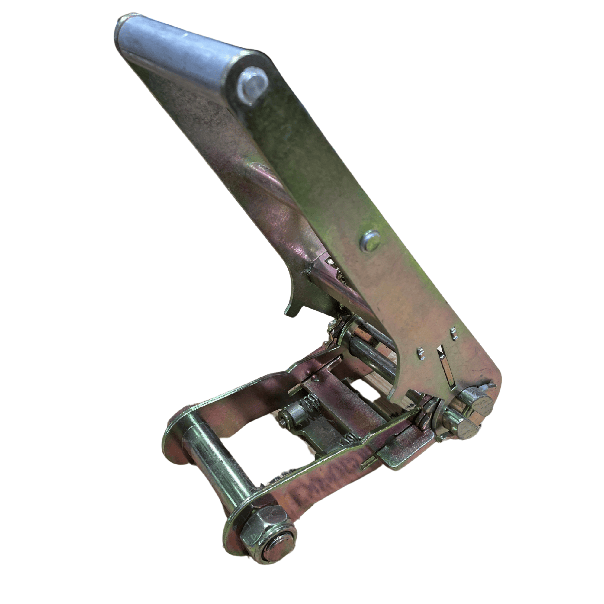 3" long handle ratchet buckle for cargo control and secure tie downs in trucking and towing applications.