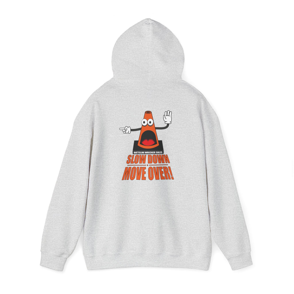 Back view of light gray SDMO Towing Hoodie with 'Slow Down Move Over' design, unisex heavy blend sweatshirt for safety awareness.