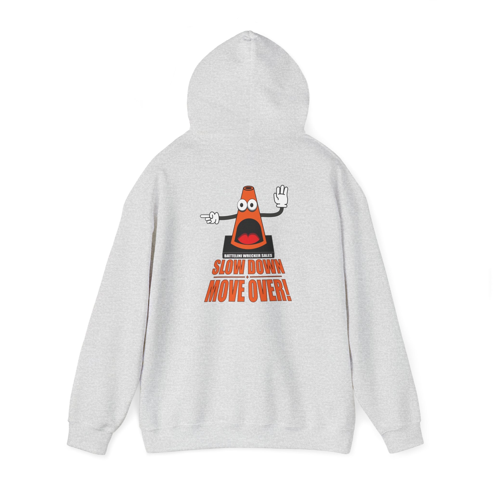 Back view of light gray SDMO Towing Hoodie with 'Slow Down Move Over' design, unisex heavy blend sweatshirt for safety awareness.