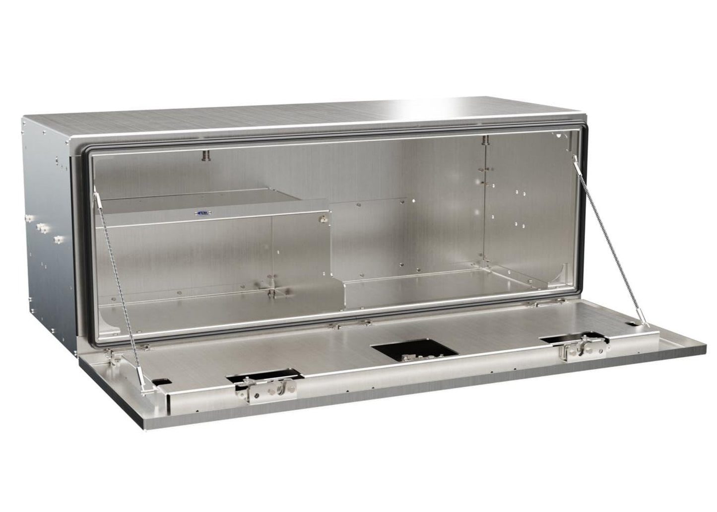 Premium In the Ditch tow truck tool box. Durable 48" aluminum underbody toolbox with half shelf, 400lbs-rated door as step.  ITD1548-HS