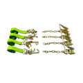 A 4 Point Tie Down Kit (SA-TD-4CLR) featuring four vibrant, multicolored ratchet tie-down straps with sturdy hooks, neatly arranged in a coiled bundle against a white background, designed for secure vehicle recovery and load securement in towing and recovery applications.