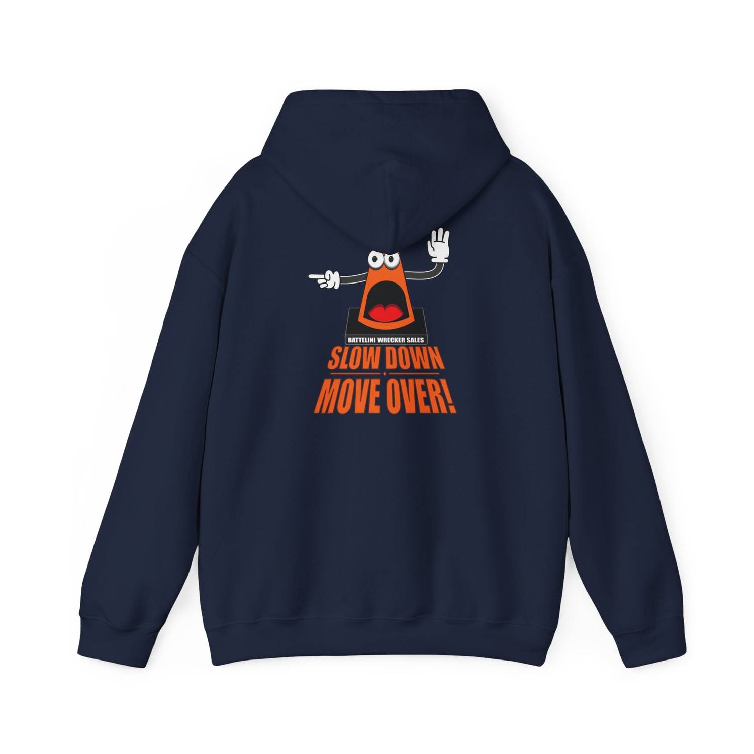 Navy SDMO Towing Hoodie with cartoon cone and safety slogan on back, unisex heavy blend ideal for personalized workwear.