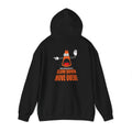 Black SDMO Towing Hoodie with cartoon traffic cone and 'Slow Down Move Over' safety message on back, unisex heavy blend sweatshirt.