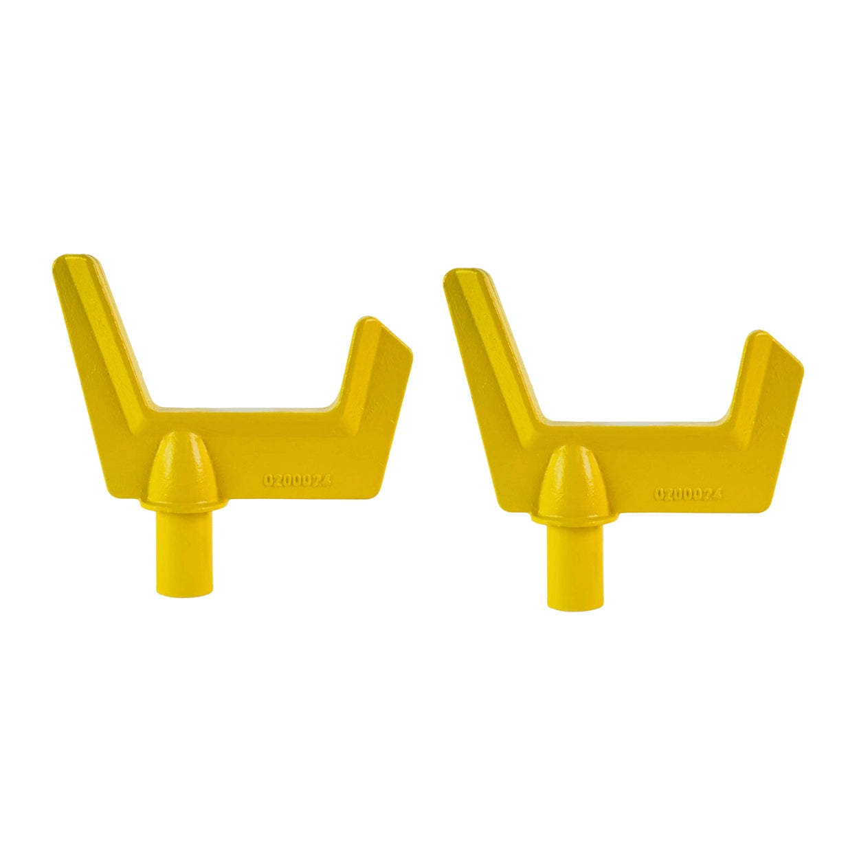 A yellow Miller Industries axle fork with a short offset design, featuring a 6-inch wide opening and a 2-inch diameter shaft. 124001387