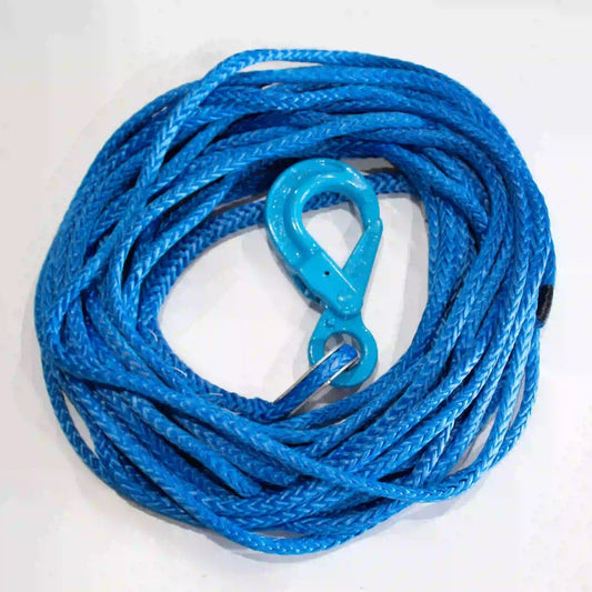 7/16 synthetic winch line neatly wound in a circle with the self locking hook in the center, to highlight the features of synthetic wire rope