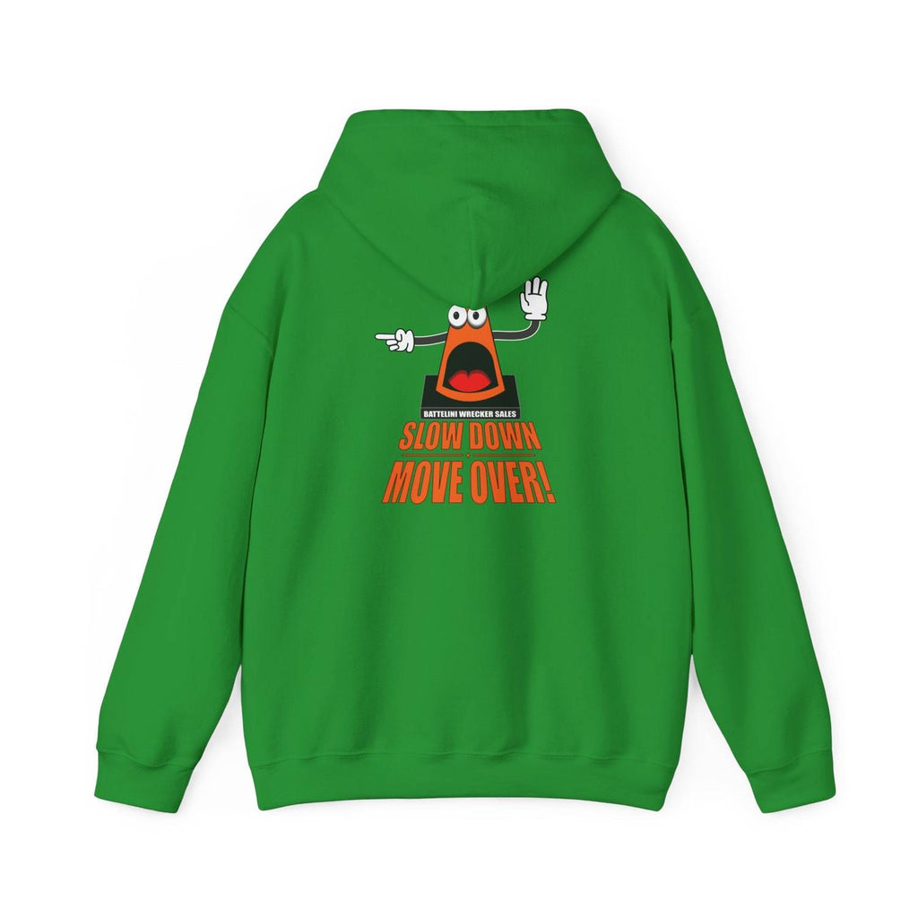 Green SDMO Towing Hoodie with cartoon traffic cone and safety message on back, unisex heavy blend for towing and roadside workers.