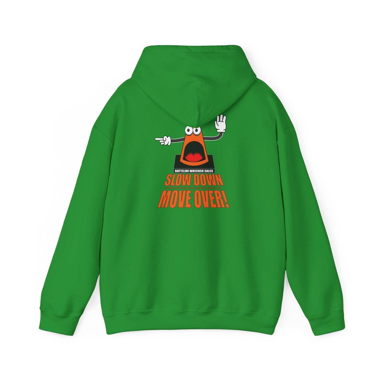 Green SDMO Towing Hoodie with cartoon traffic cone and safety message on back, unisex heavy blend for towing and roadside workers.