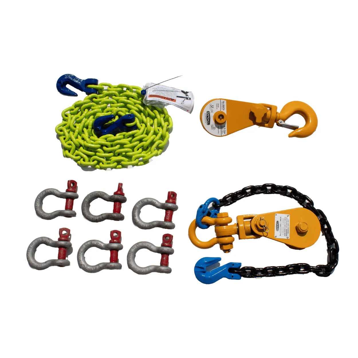 bws car carrier recovery kit - shackles, snatch block, snatch block with chain, hi-vis g100 chain