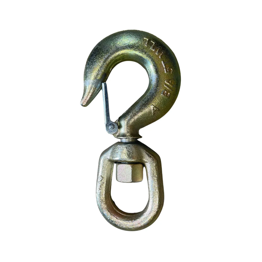 Edge-on profile of B/A 4-5TASHL yellow zinc swivel hook showing latch and swivel eye