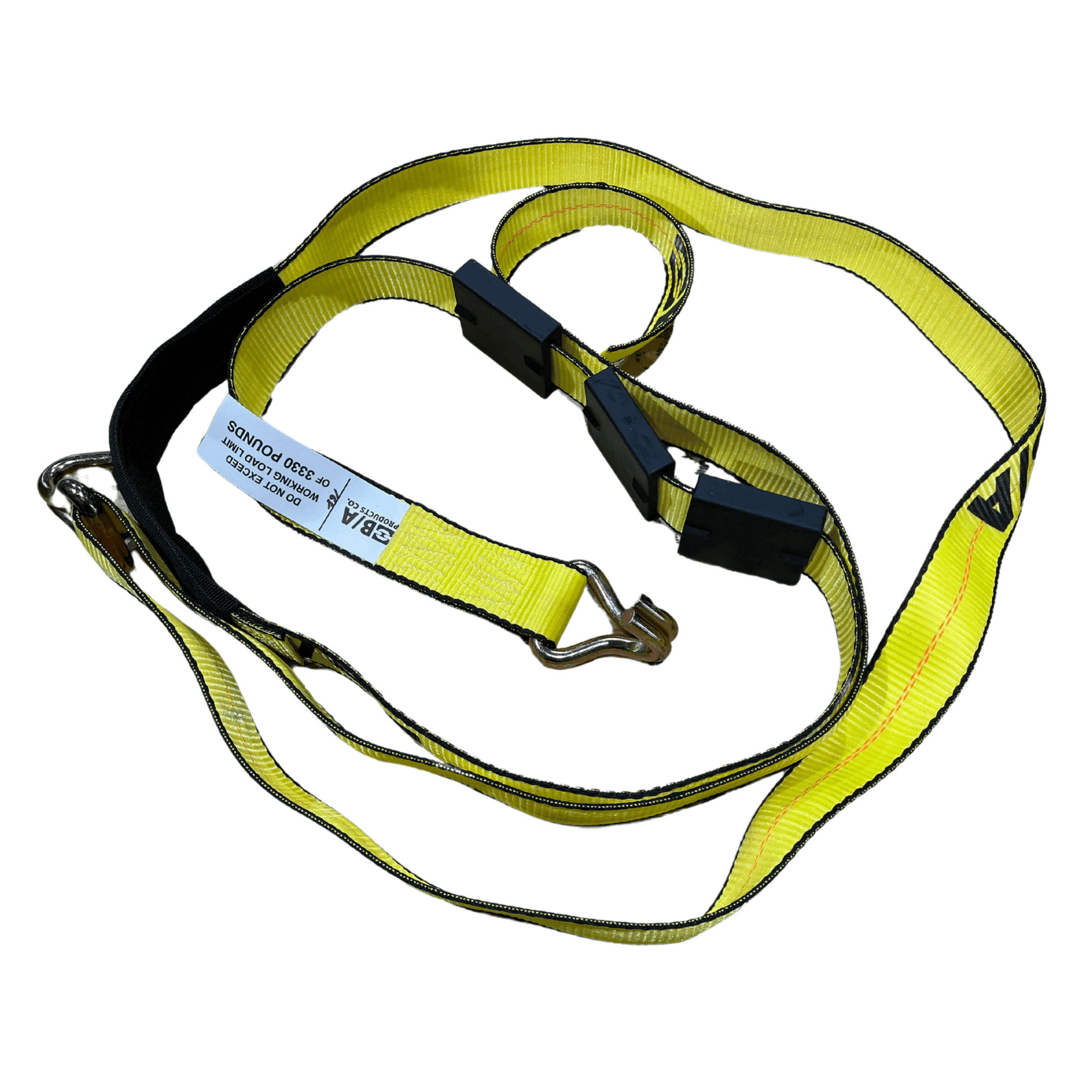 Heavy-duty tie down strap with double J hooks, tire grippers, and protective sleeve for secure vehicle towing and cargo control.