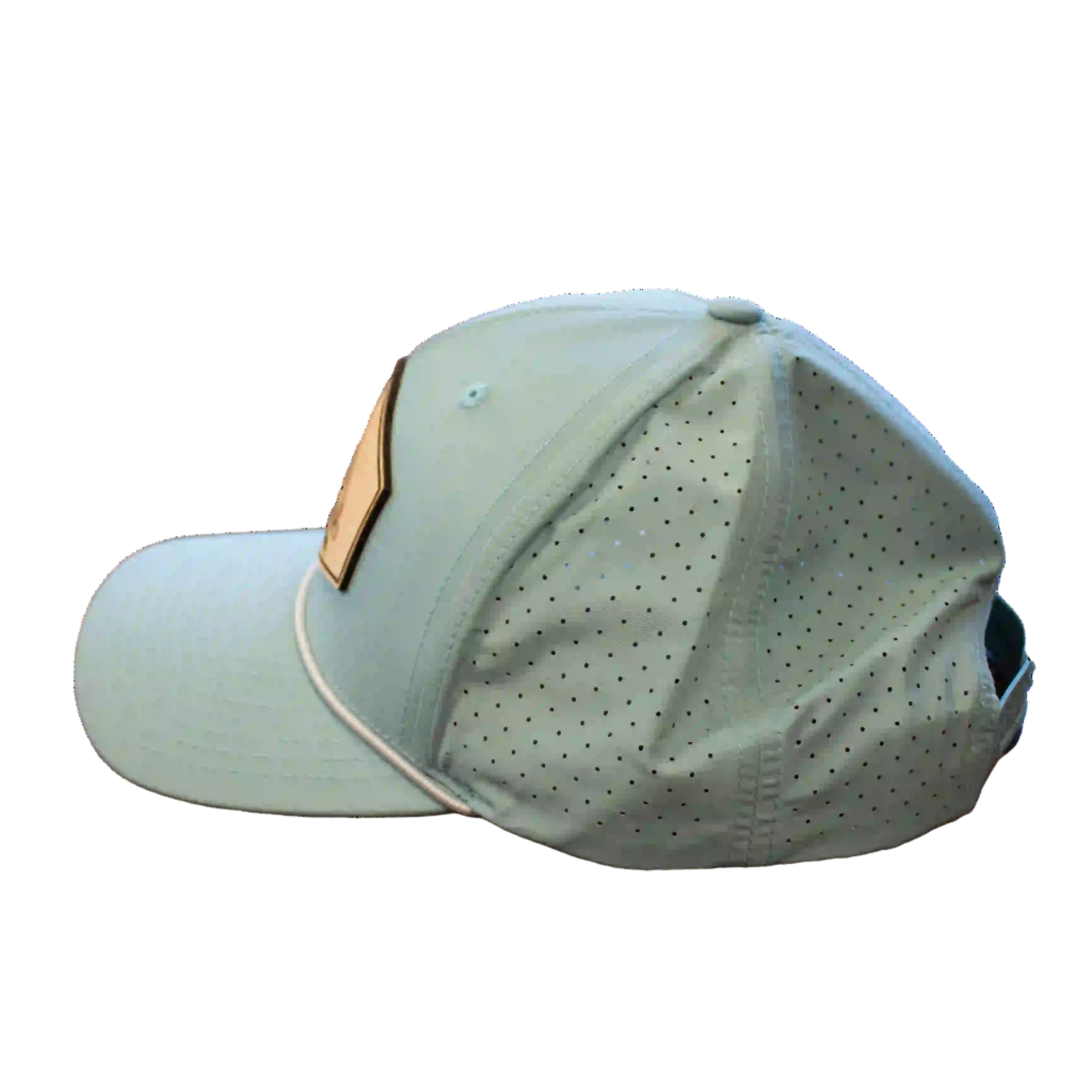 Light green baseball cap with a small logo on a white background