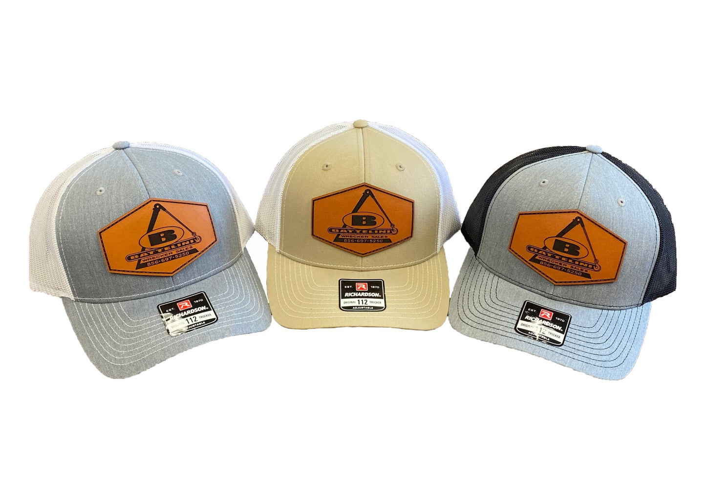 battelini trucker hats with sewn leather Battelini logo