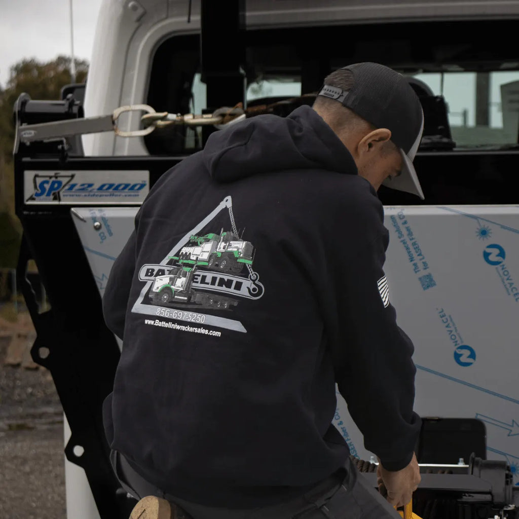 battelini trucking hoodie with NRC car carrier and wrecker trucks