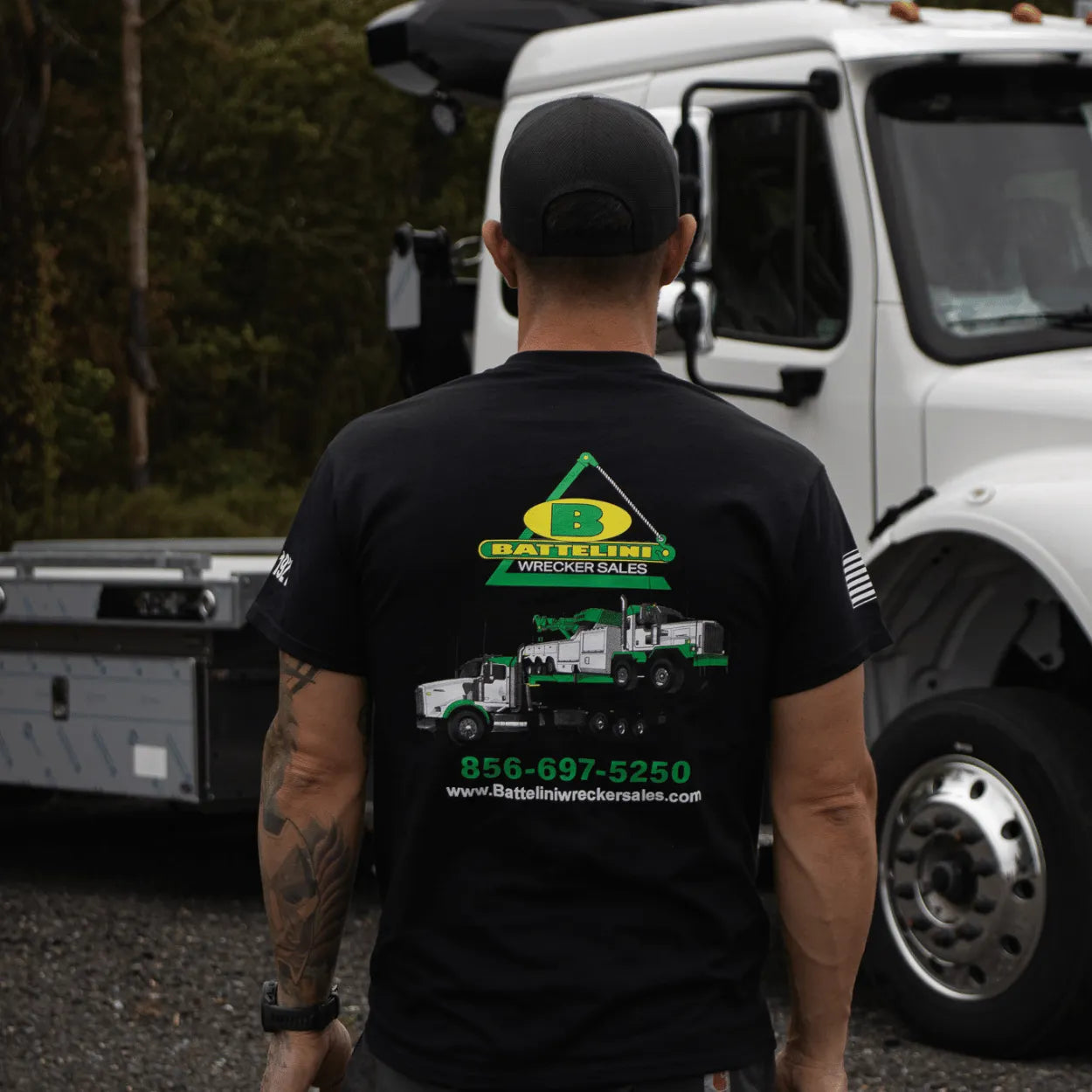 battelini wrecker sales truckin t-shirt tow truck apparel
