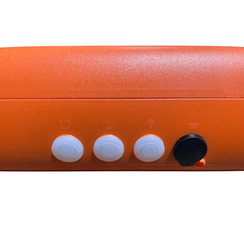 Close-up of an orange striker led light bar with control buttons on a white background