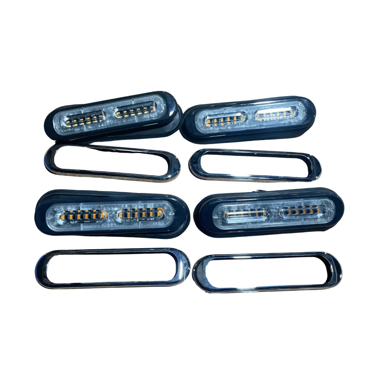 strobe hood package includes 4 t-series amber led strobe lights and 4 chrome bezels