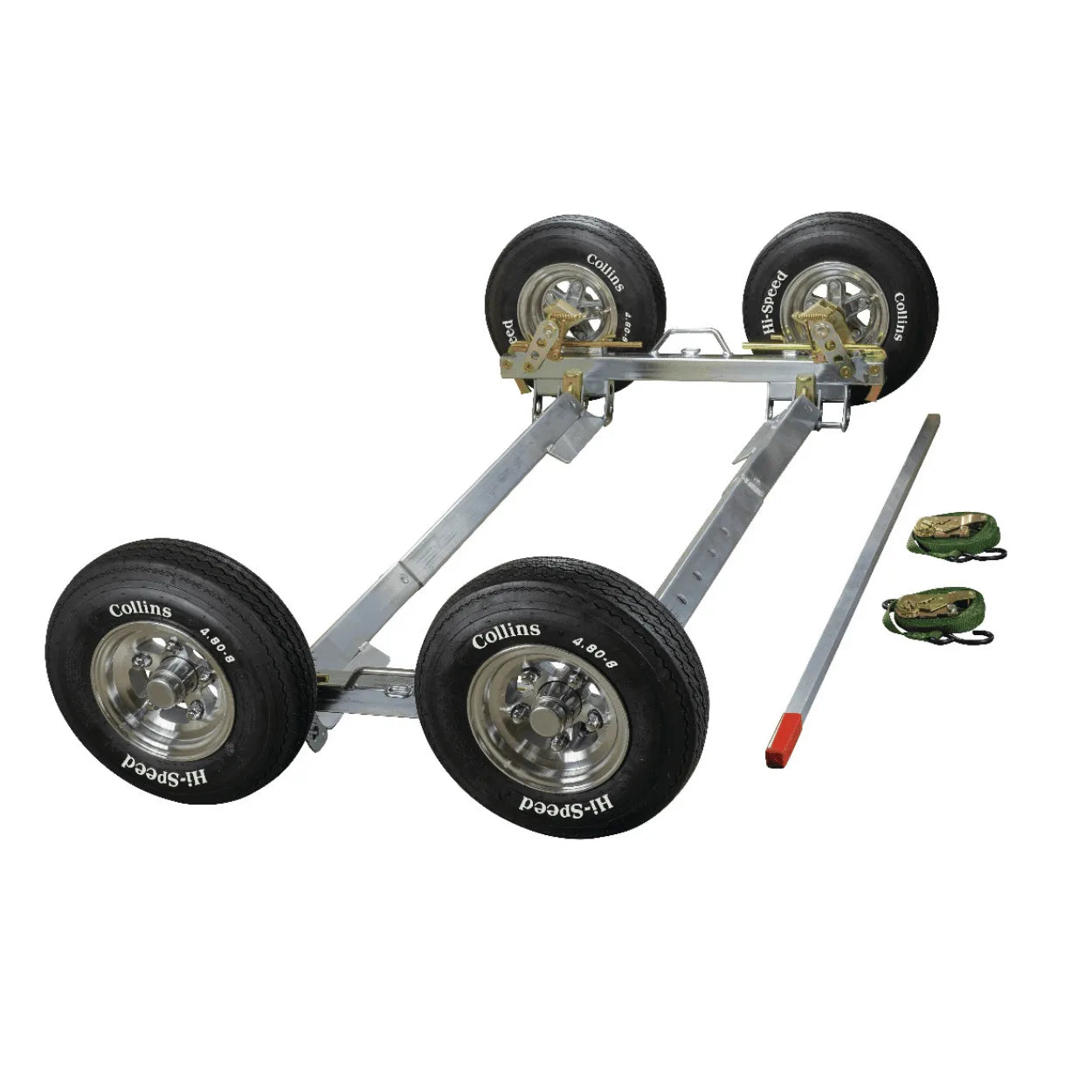 Tow dolly with four wheels and related accessories on a white background