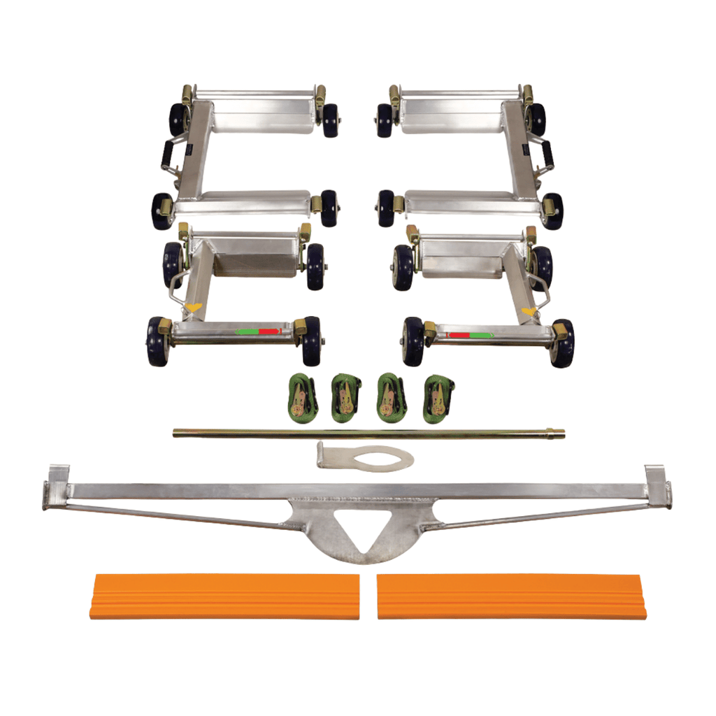 collins car carrier dolly system with pry bar, tie down straps, tow axle, and ramps