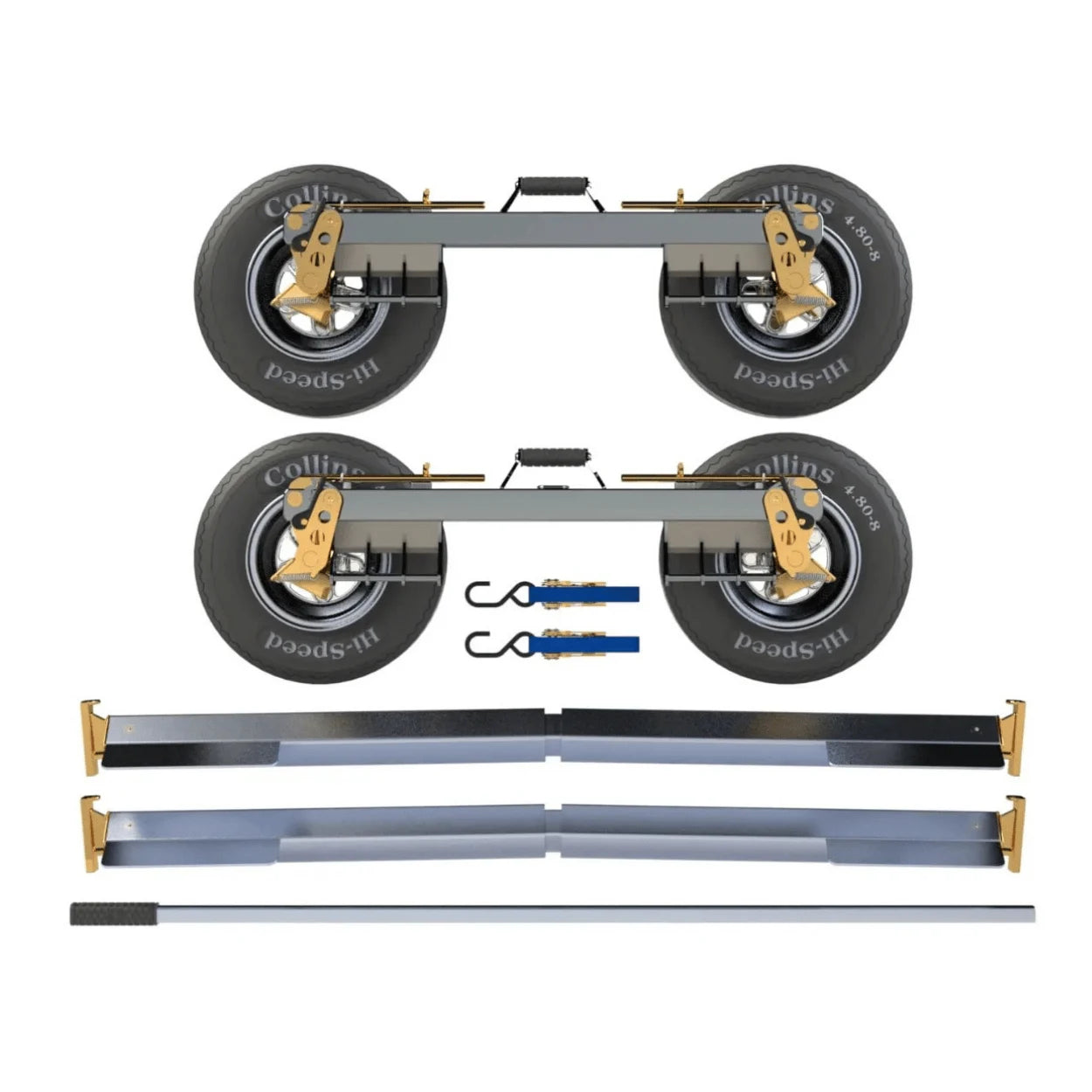 collins hi-speed g7-PRO tow dolly with ratchet straps, cross rails and pry bar