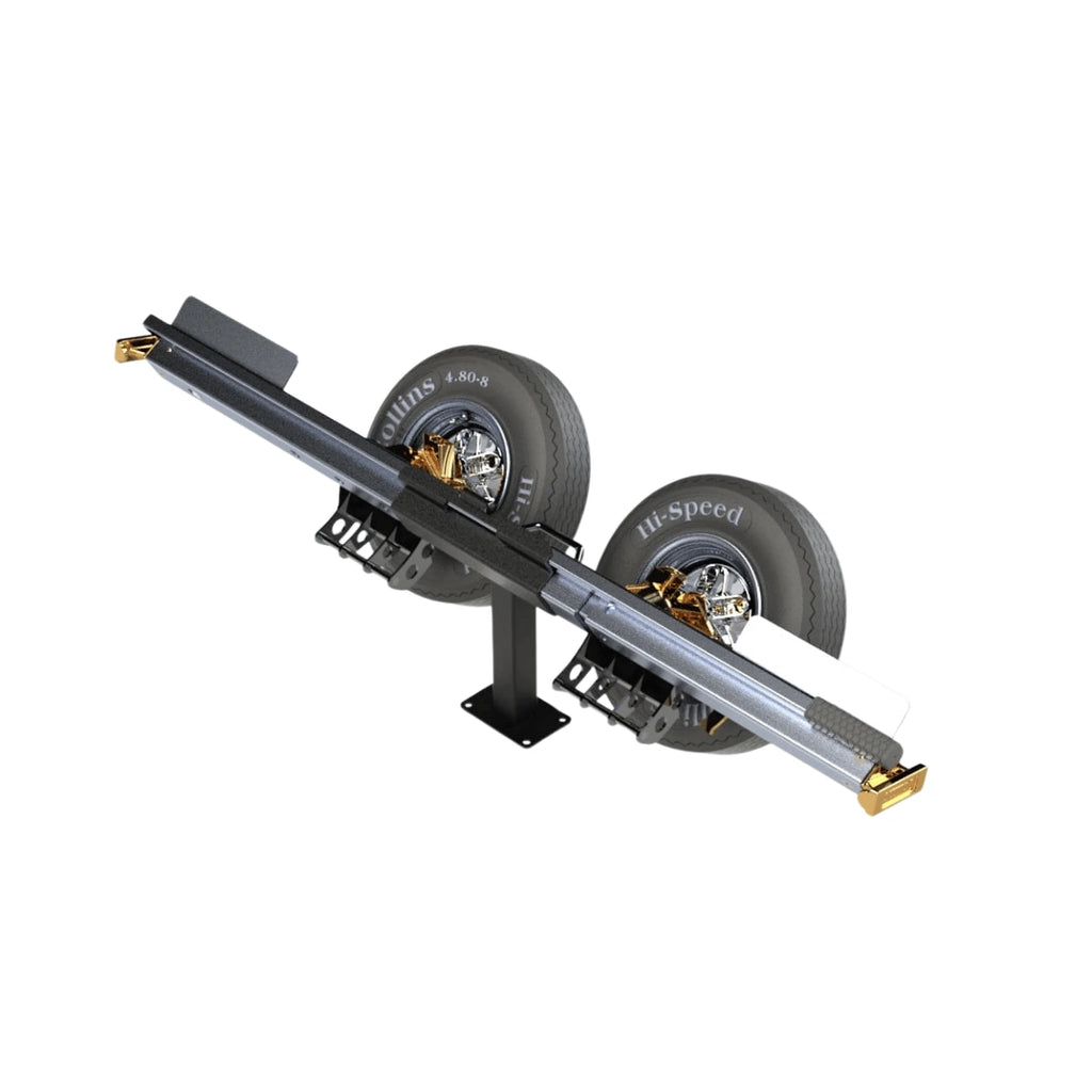 collins dollies combo dolly and rail slanted mount. Mount is holding the tow dolly frame, cross rails, and pry bar