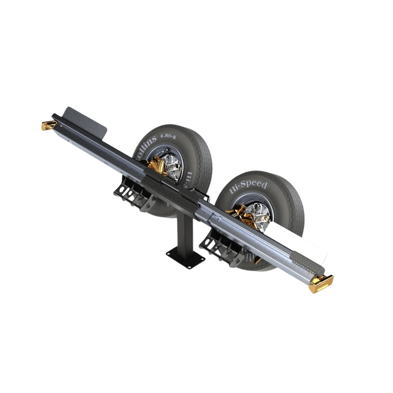 collins dollies combo dolly and rail slanted mount. Mount is holding the tow dolly frame, cross rails, and pry bar