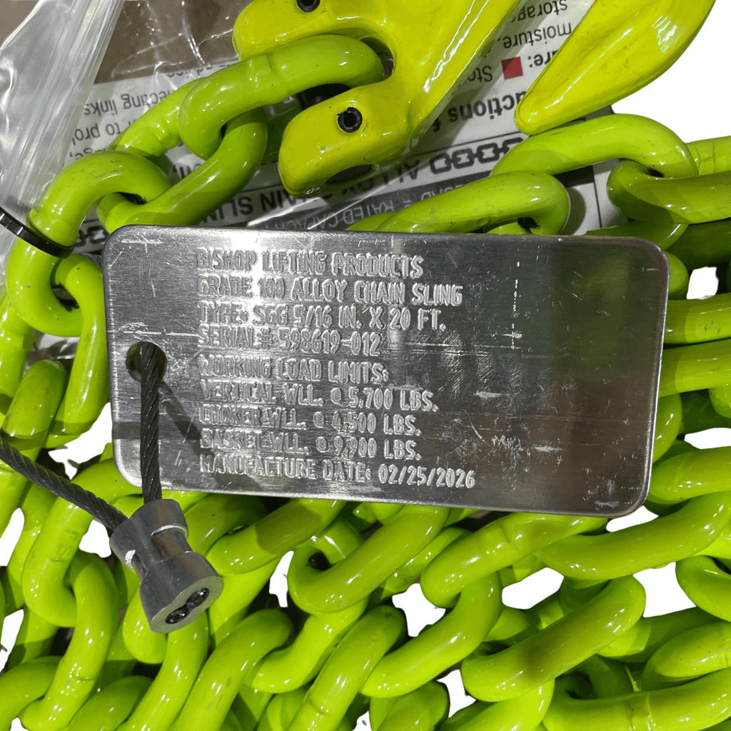 The spec tag on a grade 100 hi-vis recovery chain