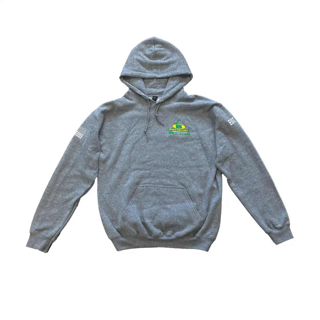 Gray battelini trucking hoodie with a logo on the chest against a white background